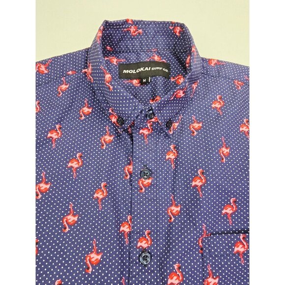 Molokai Medium Men Navy White Polka Dots Flamingo Short Sleeve Button Down Shirt - Picture 1 of 11